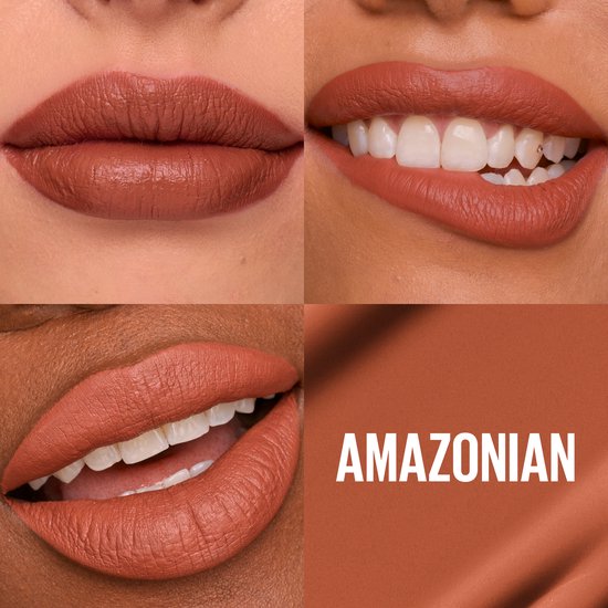 Drie close-ups van modellen met "Amazonian" Maybelline Super Stay Matte Ink lipstick. Eén swatch van de kleur.
