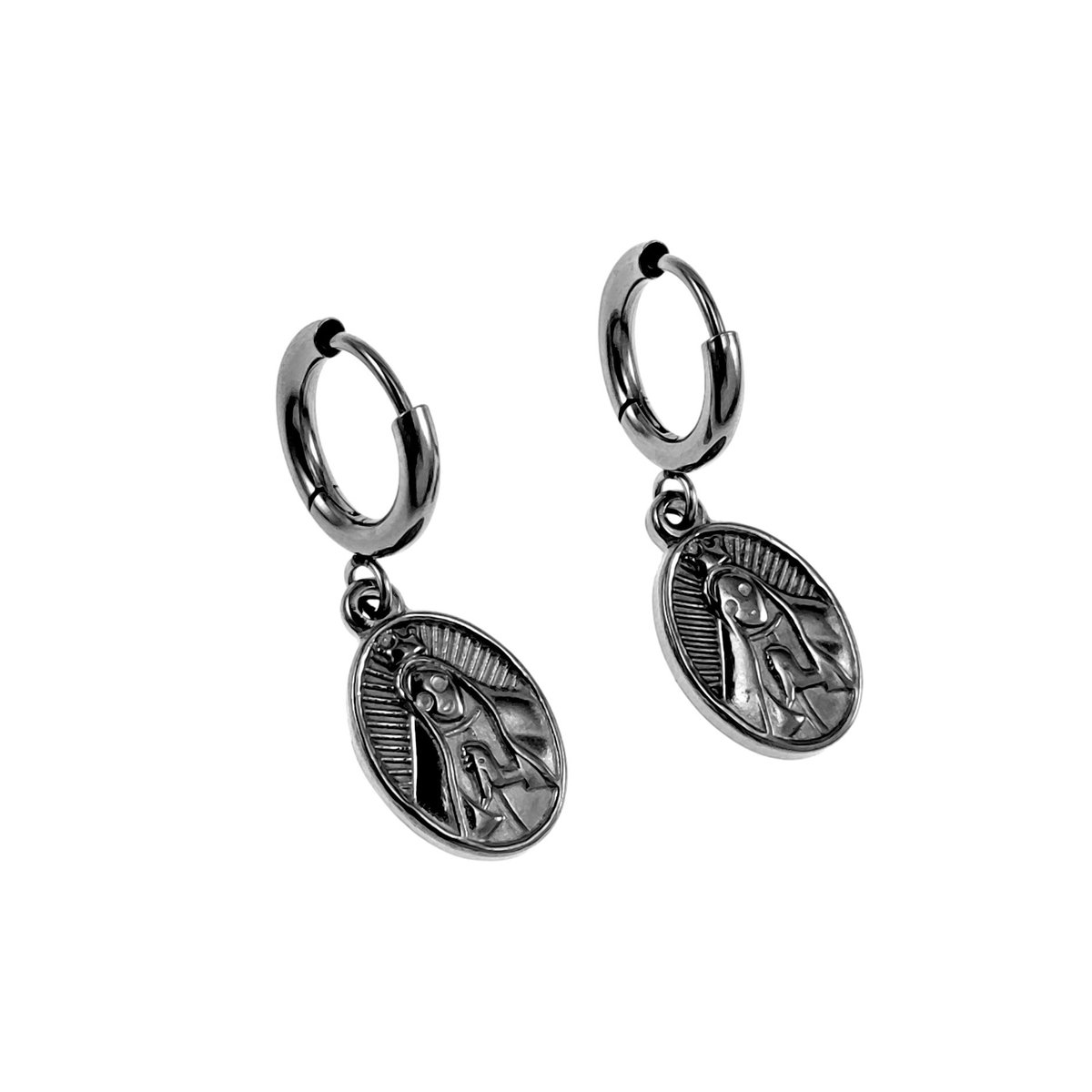 ∅12mm x 2mm Oorringen Dames - Gepolijst RVS - 30mm Lange Oorbellen met Heilige Maagd Maria Hanger