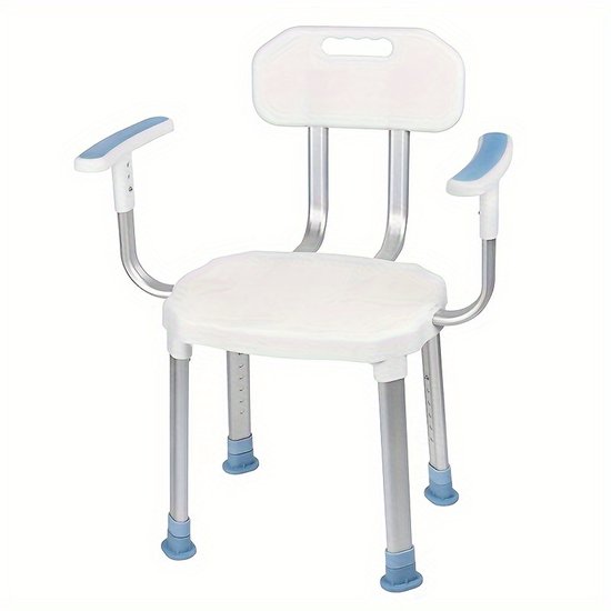 Witte douchestoel met rugleuning en blauwe armleuningen, zilverkleurig metalen frame, verstelbare poten.