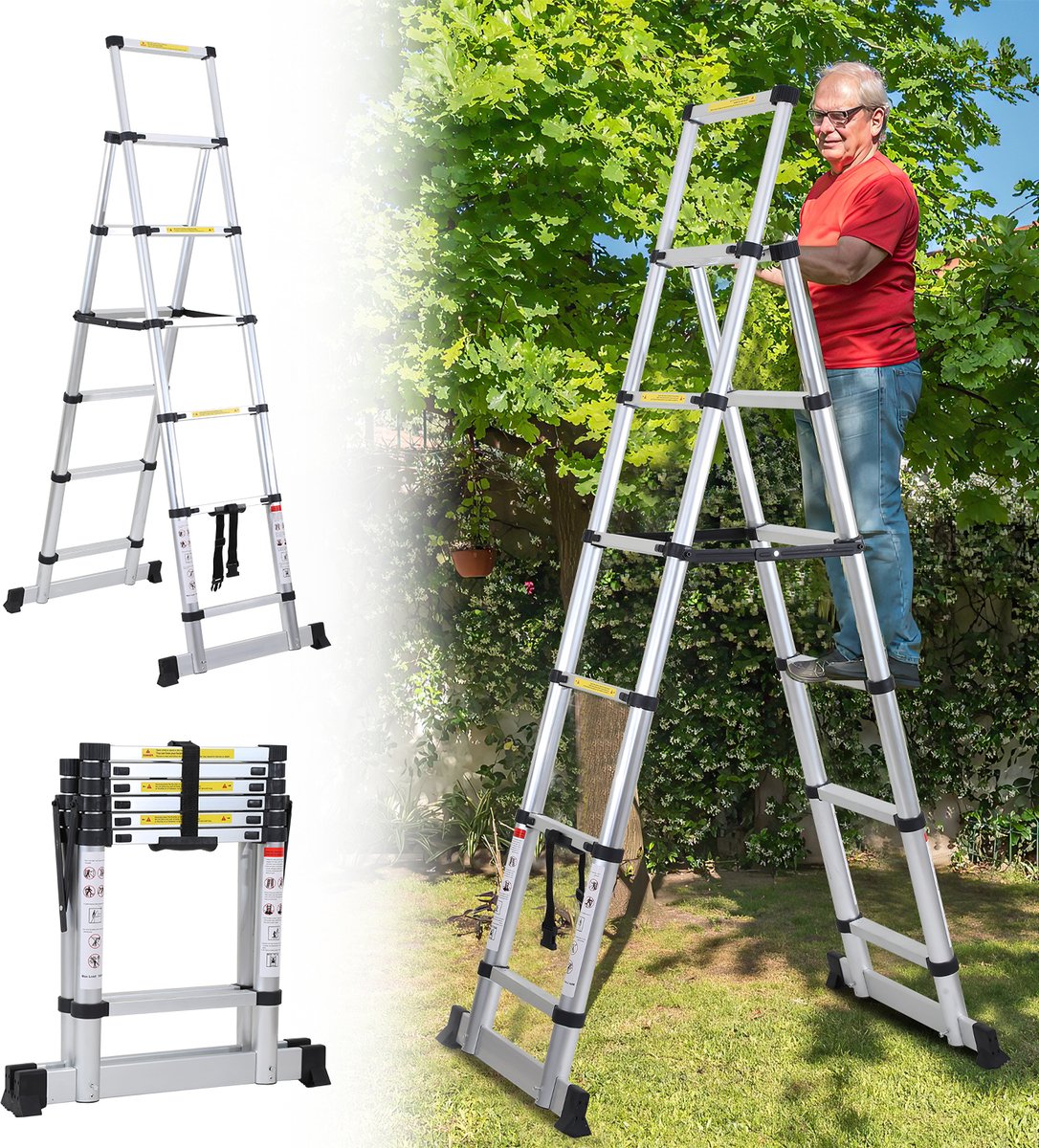 Telescopische Ladder - Telescoopladder - 1,7m+2,0m zilver, Max. Belasting 150 kg, Compact en Draagbaar met Soft Closing Systeem, Geschikt voor Particulier en Professioneel Gebruik, Telescopische Vouwladder