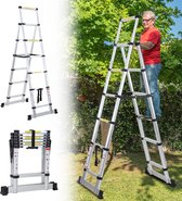 Telescopische ladder A-frame aluminium vouwladder, 1,7m+2m multifunctionele ladder 5 +6 treden aluminium ladder, uitschuifbare staande ladder antislip, draagvermogen van 150 kg