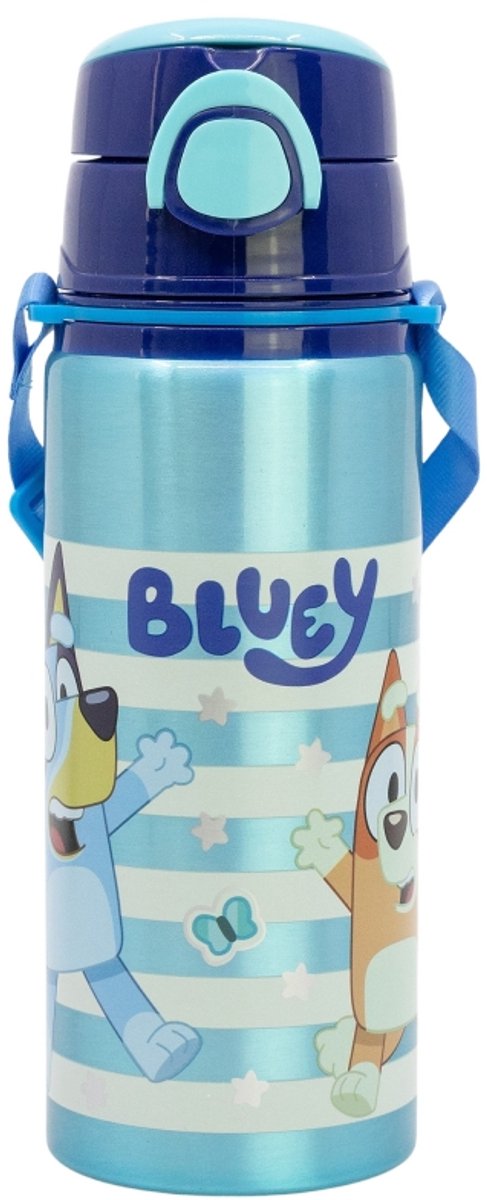 Bluey Drinkfles Kind – 730 ml – Aluminium – Met Rietje & Drukknop – BPA-vrij – Herbruikbare Waterfles met Draagkoord – Bluey & Bingo Design