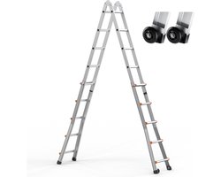 16,7 Ft Telescopische Ladder met A-Frame, Compacte Aluminium Uitschuifbare Ladder, Multifunctionele Opvouwbare Autoladder voor Thuis, Op Trappen, Binnen/Buiten, 150 Kg Draagvermogen, Zilver