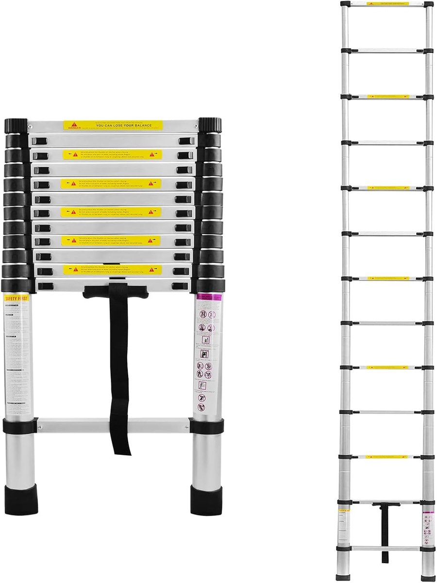 Aufun Aluminium telescopische ladder 3.8 m - Opvouwbaar - Trapladder en uitschuifladder - Multifunctioneel - Leunladder