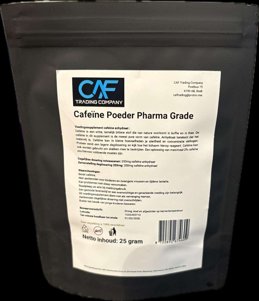 Cafeïne anhydraat poeder 25 gram pharma grade caffeine anhydrous