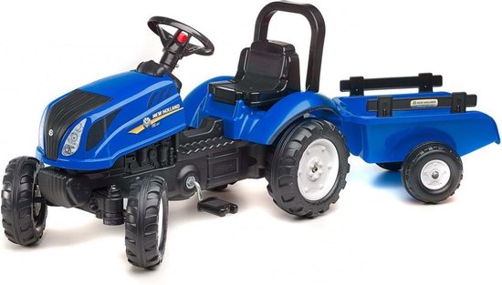 FALK Speelgoedtractor met pedalen New Holland met aanhanger blauw