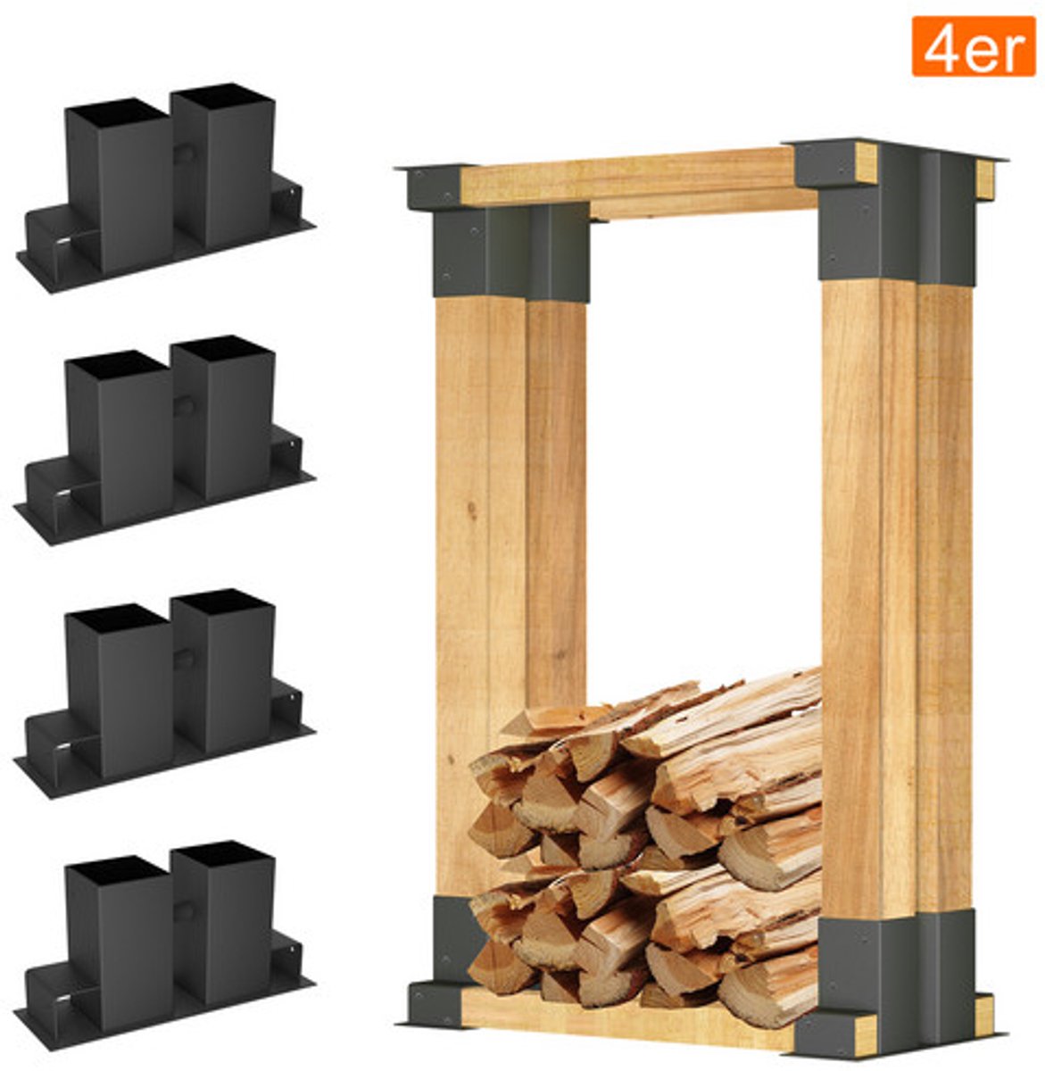 4-delige brandhout stapelhulp Zwart metalen hout stapelhulp Gietijzeren hout stapelhouder Stevige brandhout stapelhulp Frame Hout wieg Brandhout houder voor brandhout Brandhout rek