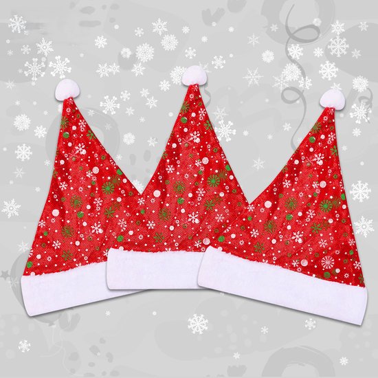 LUQ - Bonnet de Père Noël - Flocons de Neige - Adultes - Enfant - Costumes de Noël - Décorations de Noël - Taille Unique - Rouge - Vert – 3 Pièces