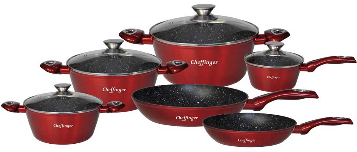 Cheffinger CF-FA1010-BLK: 10-delige pannenset met marmercoating