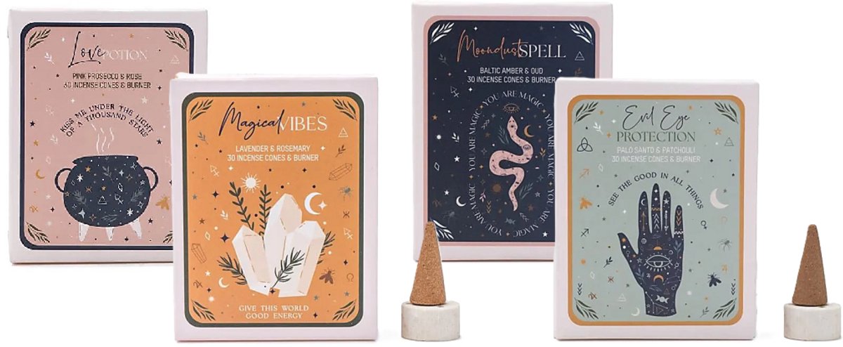 Wierook kegels Celestial Magic - 4 doosjes Kegelwierook - Evil Eye - Love Potion - Magical Vibes - Moondust Spell