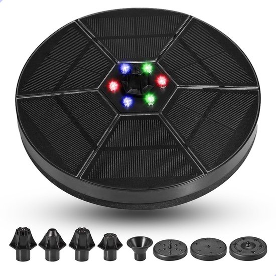 Valink Zonne-energie Waterfontein met LED-verlichting, 7V/3W Waterpomp Drijvende Fontein met Kleurrijk Licht met 8 Nozzles Solar Fontein Pomp Set