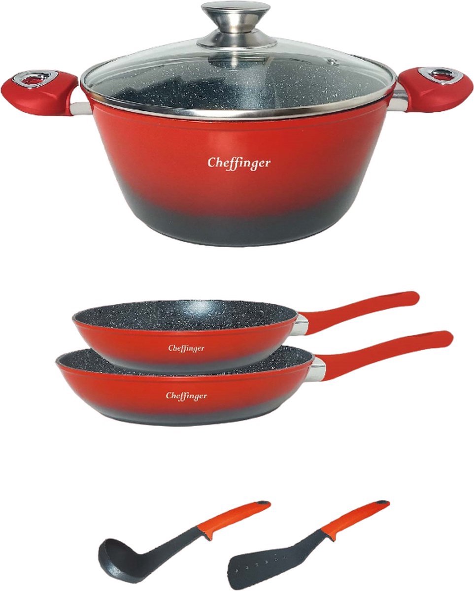 Cheffinger Pannenset - 6-delig - Koekenpan - Braadpan - Kookgerei - Rood