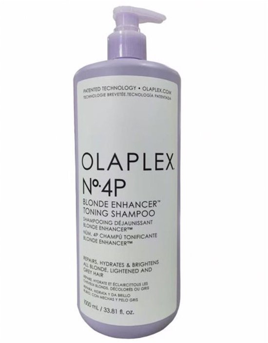 Lichtpaarse fles met pompdispenser, met daarop 'OLAPLEX N°.4P BLONDE ENHANCER TONING SHAMPOO'.