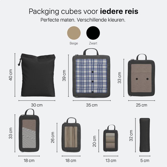 Afmetingen van negen zwarte en beige ONYX packing cubes en een zwarte draagtas.