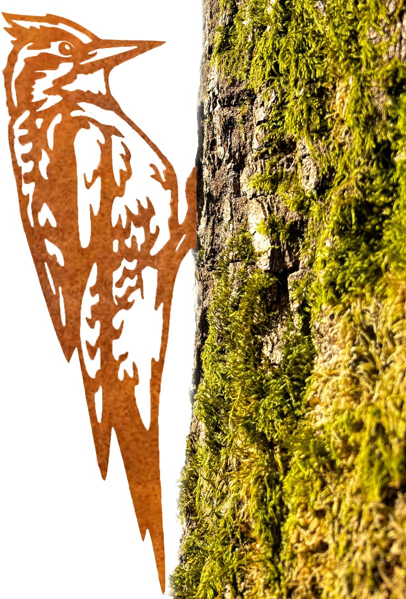Steelhout - Metaal silhouet Hamerende specht - Cortenstaal - Tuindecoratie - Groot - Voor in een boom - Roest Boomprikker - Uniek cadeau - H30cm x B14cm