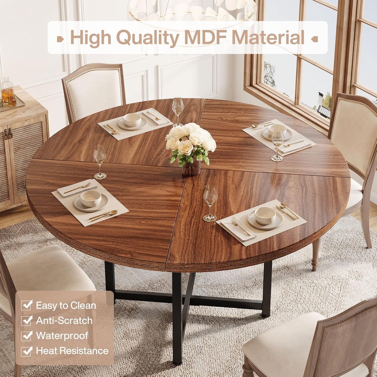 Ronde Eettafel 120 cm – Industriële Eettafel met Robuust Metalen X-Frame – Houten