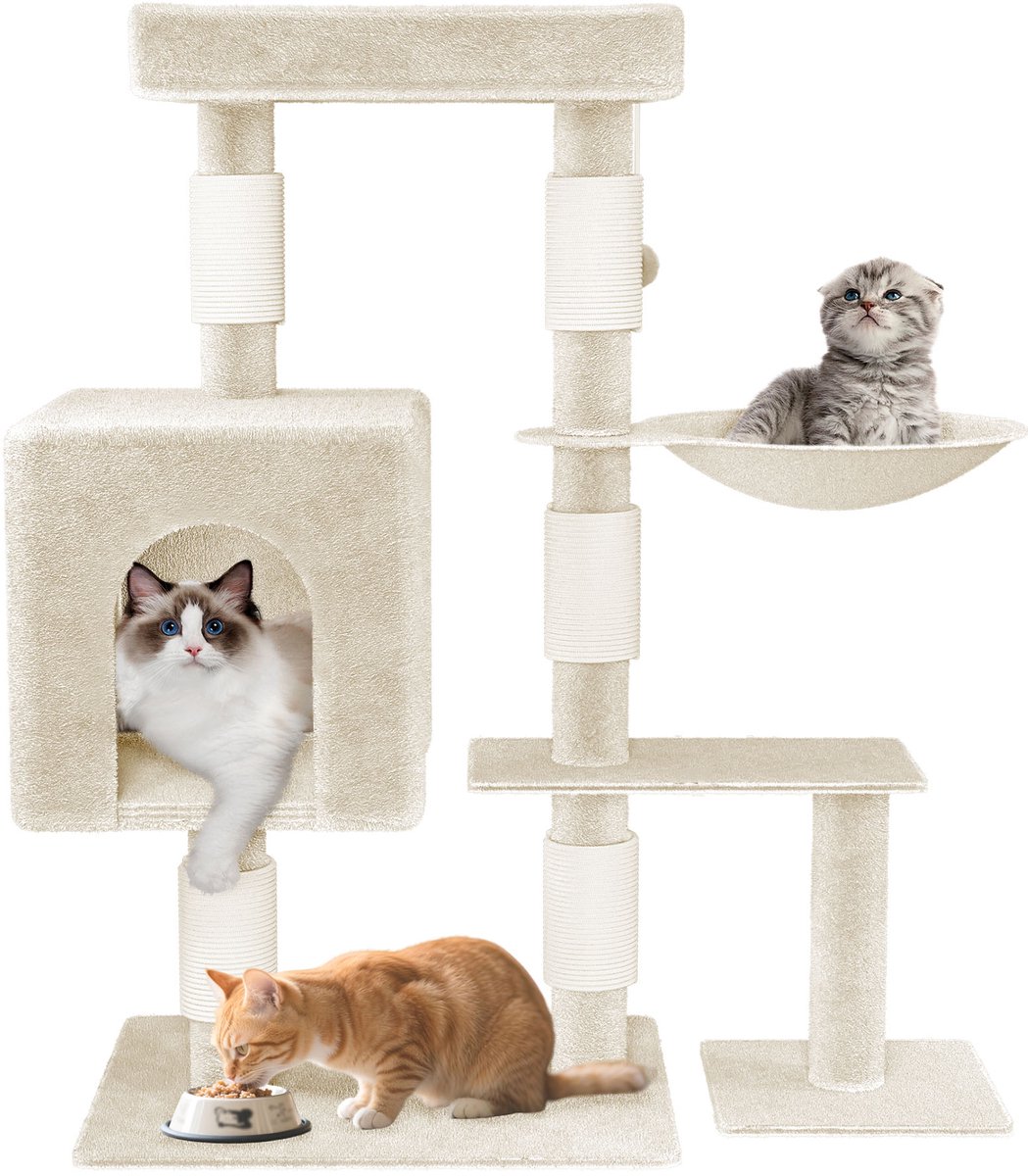 Aufun Kattenboom Krabpaal Kattenkrabpaal voor Katten, Klimboom met hangmat en speelopties kattenstal Speelhuis Krabpalen, 49x40.5x92.5cm, Beige