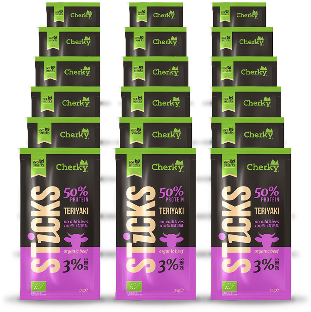 Cherky | ECO Beef Sticks | Teriyaki | 18 Stuks | 18 x 25 g