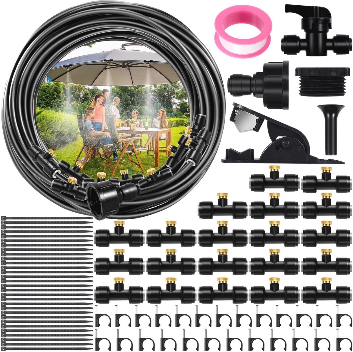 Spuitnevelkoeling Irrigatiesysteem 18M - 103 Stuks Voor Buiten | Effectieve Mistkoeling en Bewatering voor Tuin en Terras
