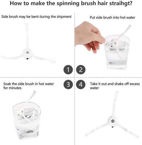 Instructies voor het rechtmaken van een gebogen zijborstel van een robotstofzuiger met heet water.