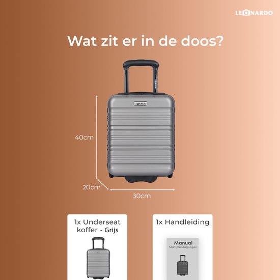 Zilveren handbagagekoffer met wielen, afmetingen 40x30x20 cm, naast de tekst 'Wat zit er in de doos?'