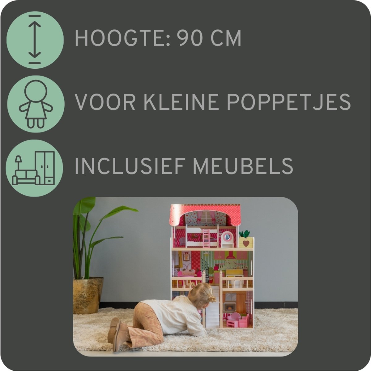 Bandits & Angels Houten Poppenhuis Roze House of Angels vanaf 3 jaar 90 cm hoog - Inclusief 16 meubeltjes - Met Geluid - Poppen Huis - Poppen Speelgoed — afbeelding 3