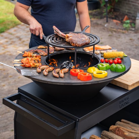 RJRoyal Living Plancha grill BBQ Big Jack Blackline 3.0 grillring en houtopslag vuurschaal buitenkeuken grillring met houten snijplank van Merkloos — afbeelding 4