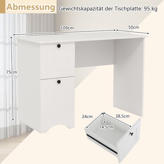 Dimensions du bureau blanc: 109x50x75cm. Dimensions du tiroir: 38,5x24x14,5cm.