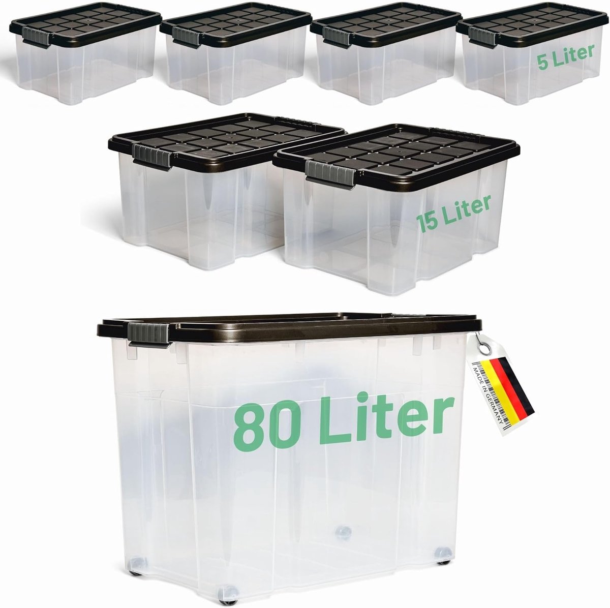 Novaliv 7-delige set opbergdozen met deksel, antraciet, 1x80 L + 2x 15 L + 4x 5 L, nestbaar, stapelbaar, clipsluiting, roldozen, BPA-vrij
