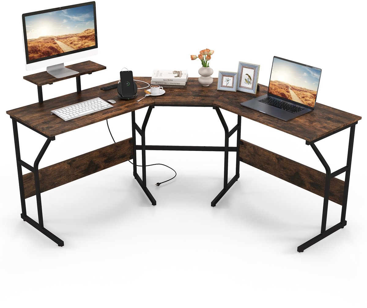Costway Bureau L-vorm, omkeerbaar hoekbureau met monitorstandaard en laadstation, hoektafel, gaming-computertafel, kantoortafel voor thuiskantoor (rustiek bruin)