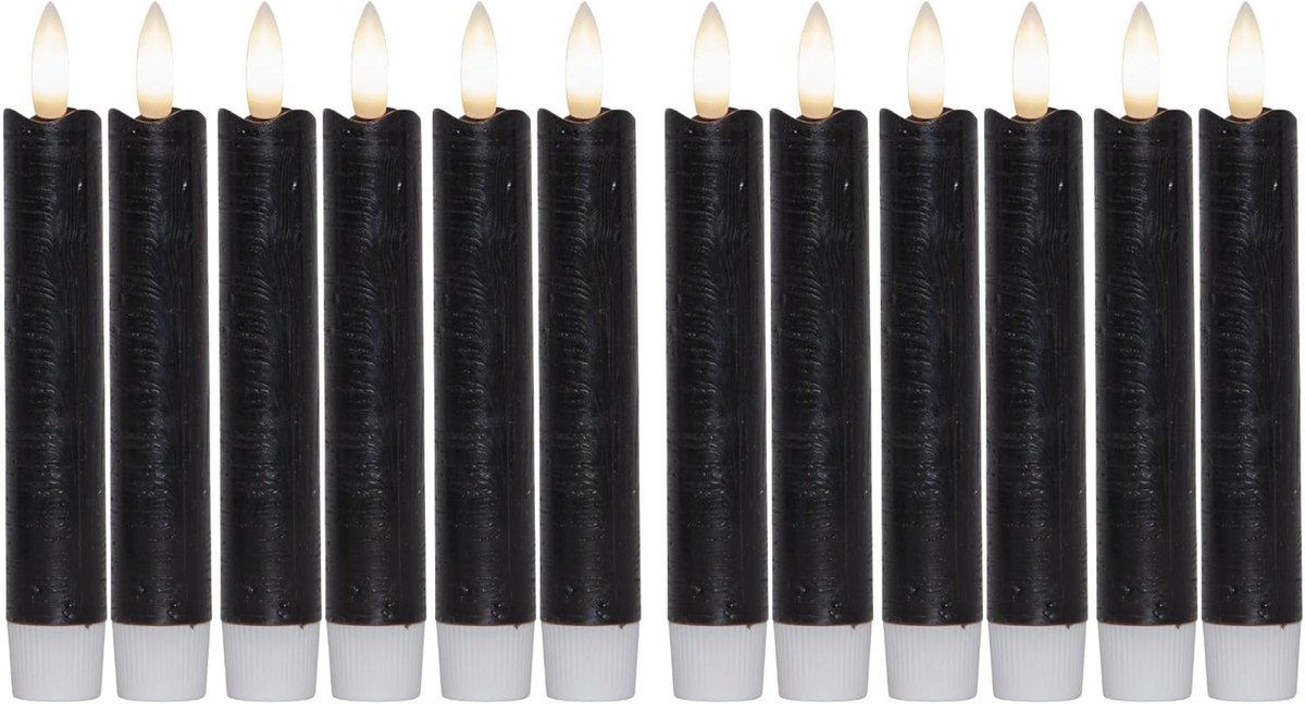 LED-kaarsen met timer ZWART 12 stuks binnen 6 uur ECHTE WAS 15 cm hoogte voor kaarsen 2,2 cm diameter 2 AAA-batterijen vereist LED-kaarsen set van 4 ZWART (drie keer) bewegende vlamlamp