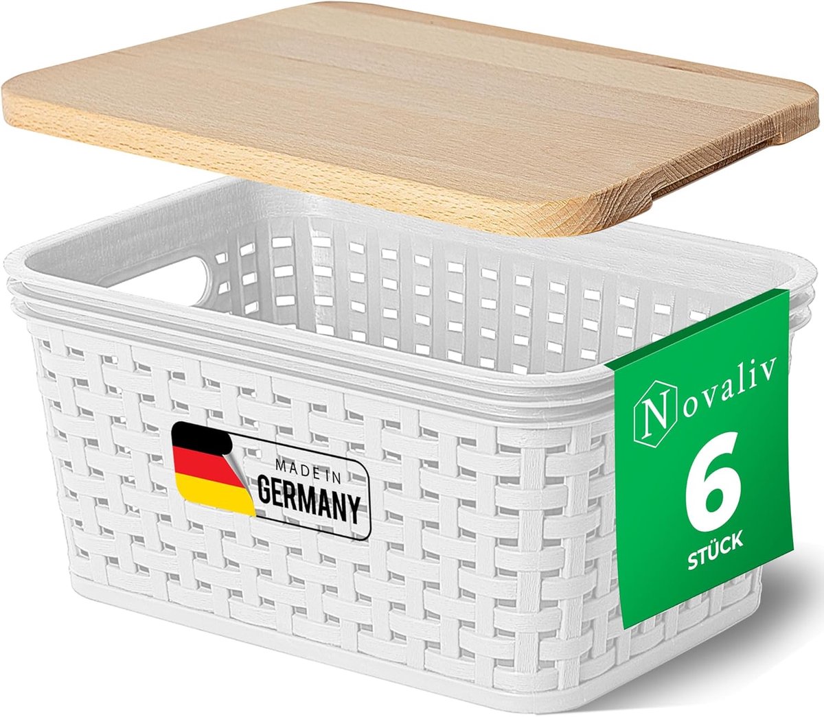 Novaliv set van 6 opbergdozen met houten deksels, mini 2L mand, wit in rotan design, voedselveilige opbergmand, stapelbare dozen, nestbare kunststof, BPA-vrije doos, stofbakken met deksel