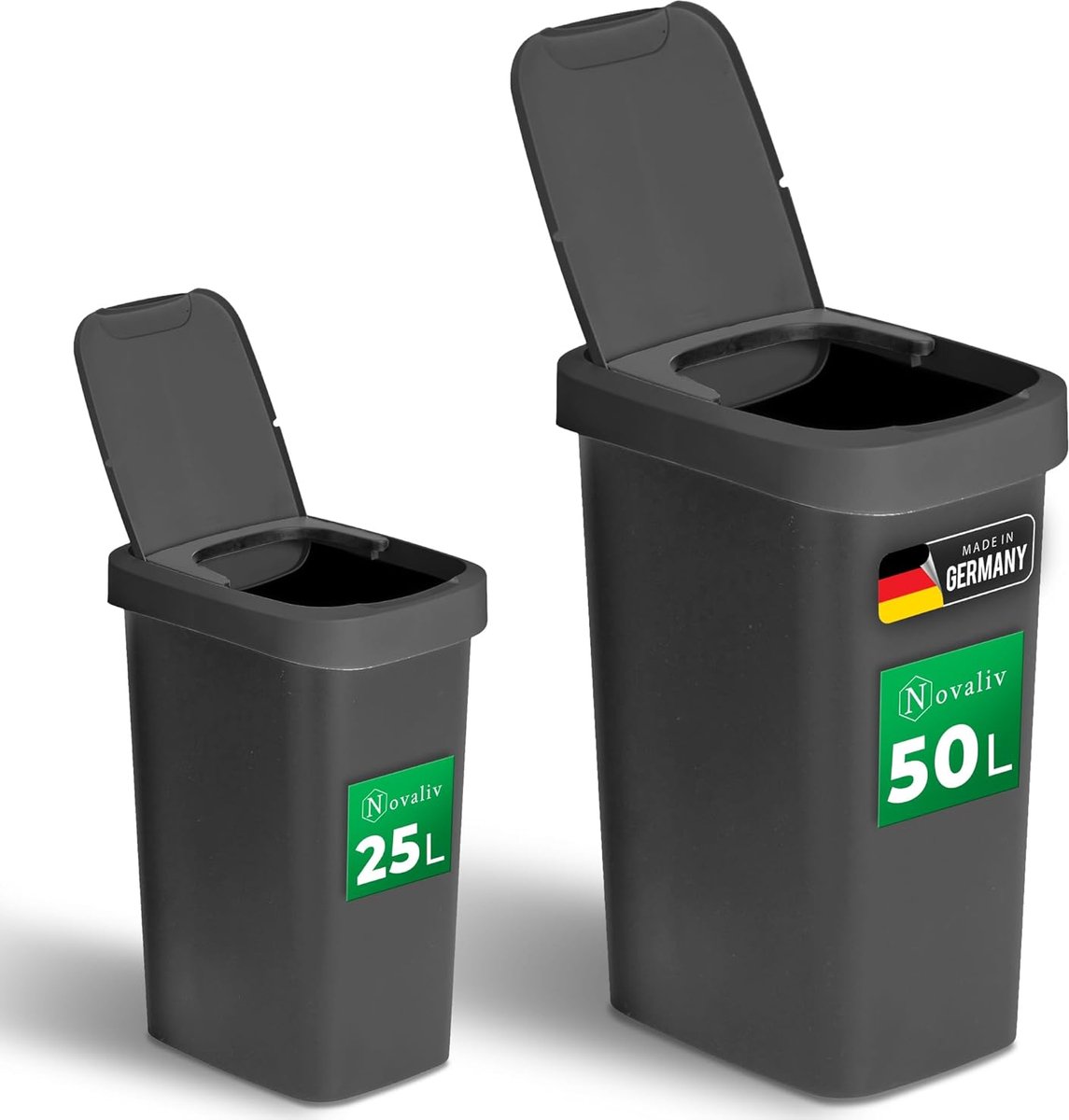 Novaliv Afvalbakset 25L + 50L, afvalbak met 2-in-1 deksel, scharnierend deksel & zwaaideksel, anti-geur afvalbak voor keuken huishouden kantoor, afvalemmer afval plastic afvalcontainer