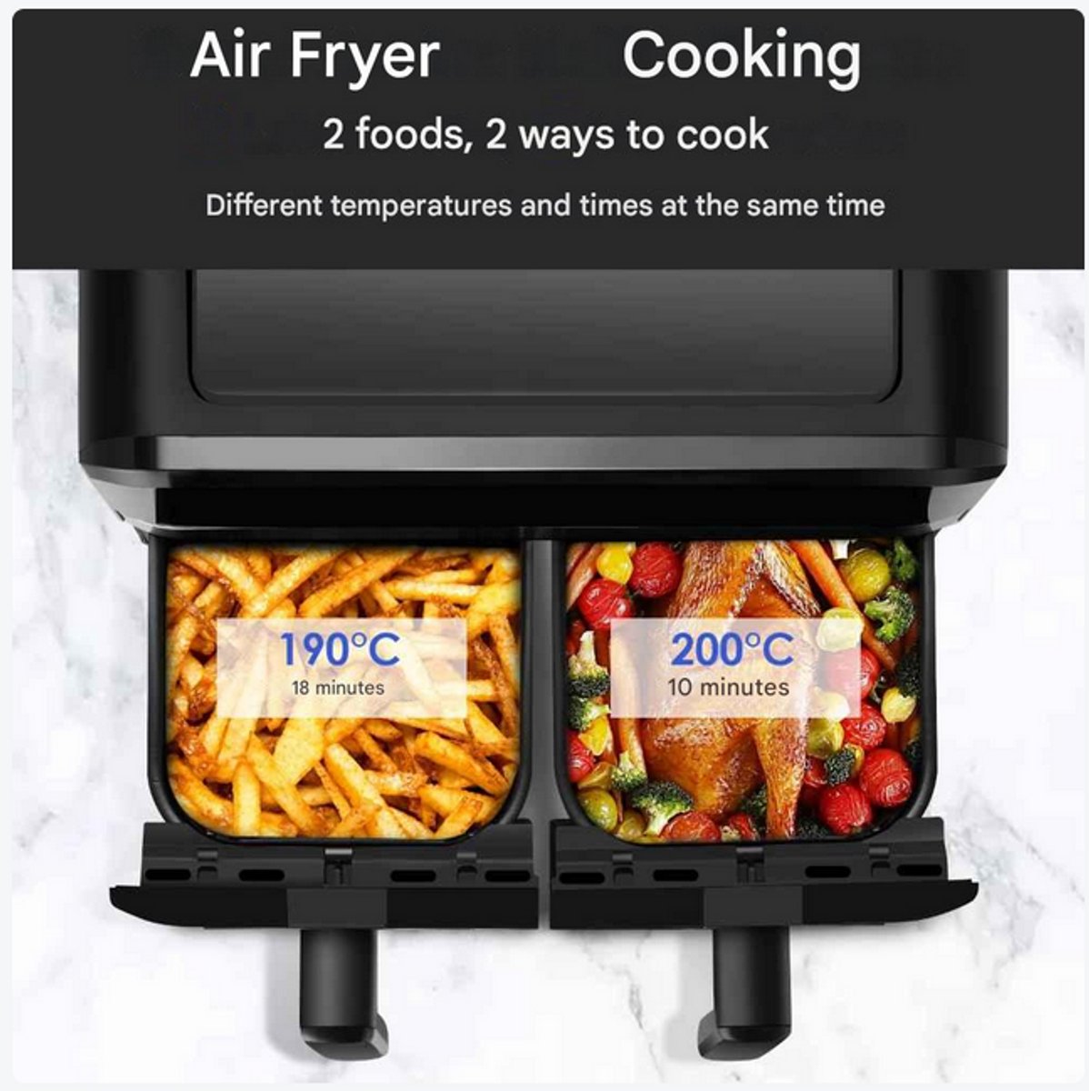 Afbeelding 3 van Heteluchtfriteuse – Airfryer - Airfryer Oven - 15L - Dubbele Zones - 2600W - 240V - 8 Programma’s - Dubbele Mand XL -Touch Bedieningspaneel - Kijkvenster - Zwart