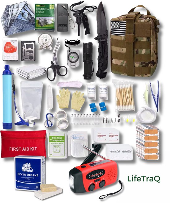 LifeTraQ Noodpakket Voor Thuis - Survival Kit - Door Overheid Geadviseerd - Noodradio - Overlevingspakket - 72 Uur Noodrantsoen - Rampenrugzak