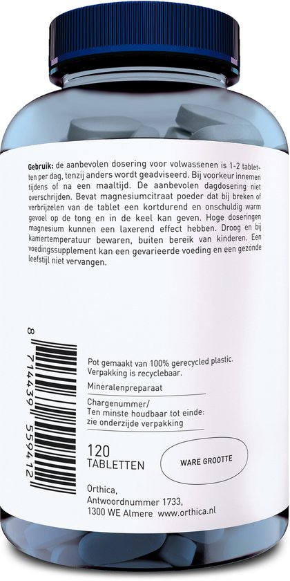 Achterkant Orthica Magnesiumcitraat-200, 120 tabletten. Pot gemaakt van 100% gerecycled plastic. Verpakking is recyclebaar.