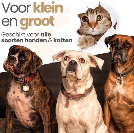 Drie honden en een kat kijken naar de camera, met tekst 'Voor klein en groot' en 'Geschikt voor alle soorten honden & katten'.