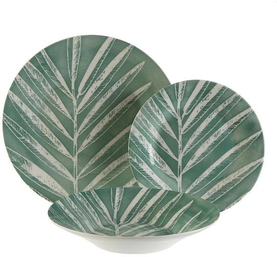Groene borden met een wit palmbladmotief. Set van drie.