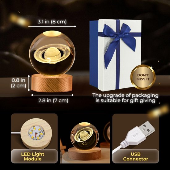 3D Kristallen Bal Nachtlampje - Saturnus - LED Glas Licht Hologram Lamp met Massief Houten Basis - Nachtlamp - Cadeau idee - Verlichting - USB aansluiting van Merkloos — afbeelding 4