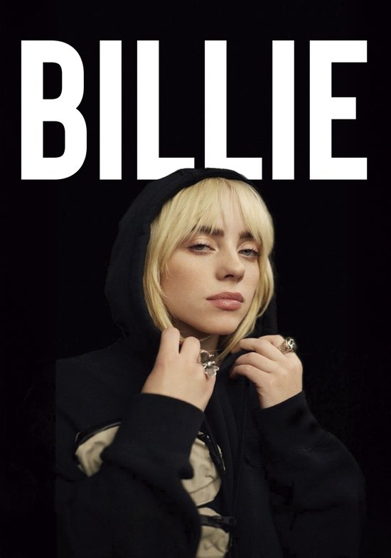 Billie Eilish Poster Ingelijst– Zwarte Hoodie Portret – Muziekicoon Pop Art – 23x33 cm met Zwarte Lijst