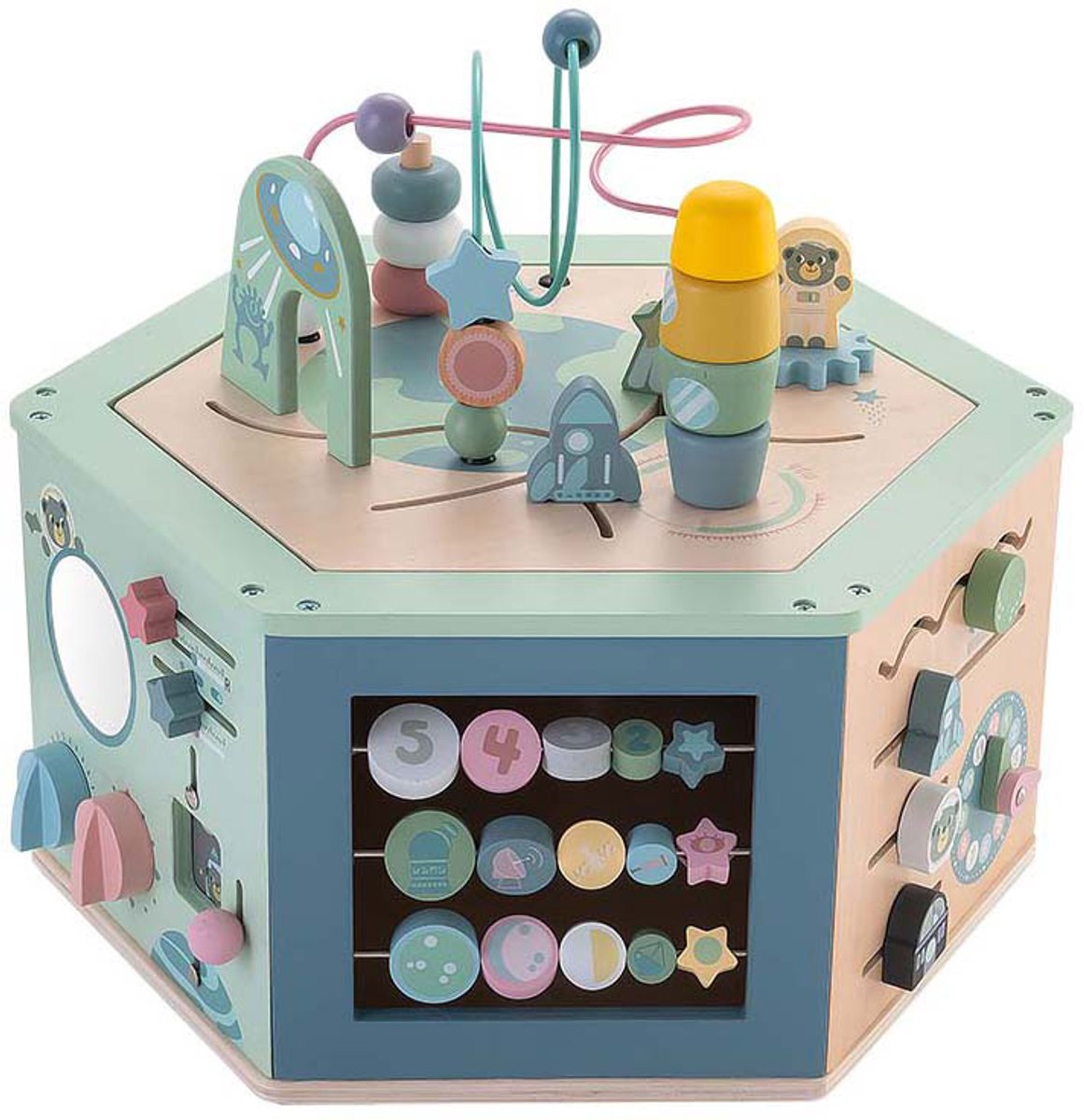 Playwood-Houten-Activiteiten zeshoek - Activity Center Baby - Speelkubus Activiteiten Kubus - Baby Speelgoed - Kinder Speelgoed - Educatief Speelgoed - Blokkendoos - Vormenstoof - Kralenspiraal