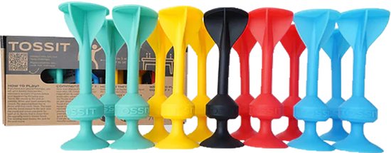 Een rij Tossit pijltjes in de kleuren turkoois, geel, zwart, rood en blauw, met een doosje.