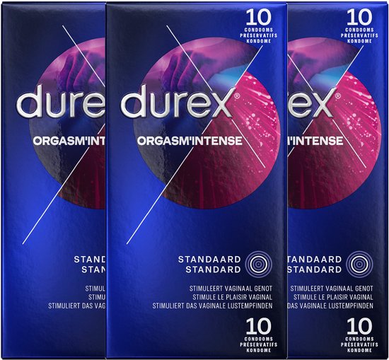 Drie verpakkingen Durex Orgasm'Intense condooms. Blauw met paarse, abstracte afbeelding. Bevat 10 condooms per doos.