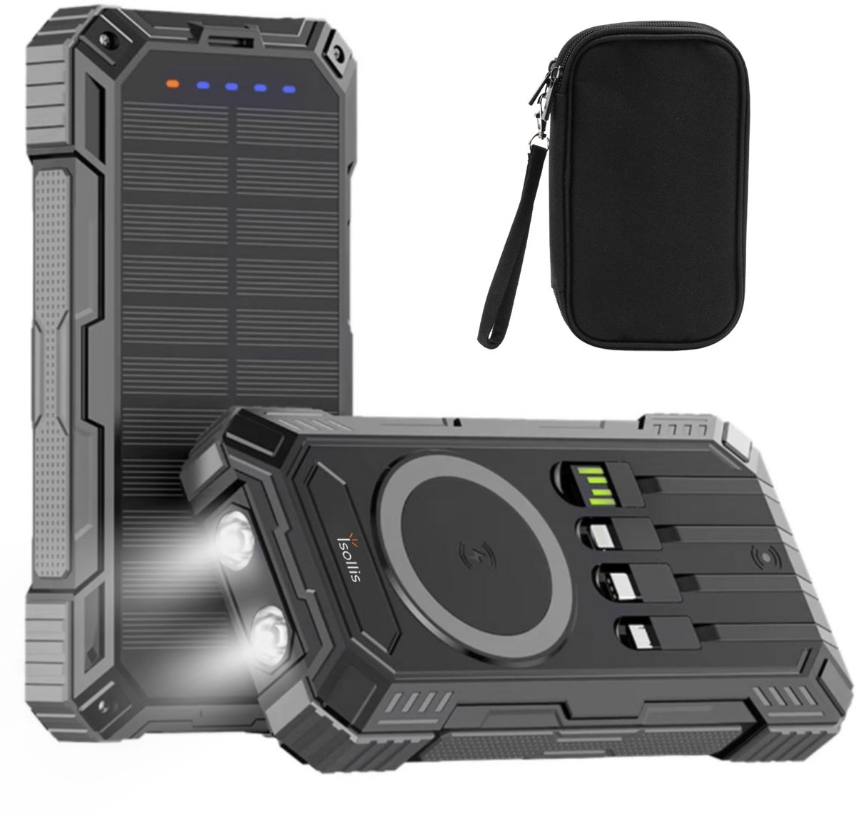 Isollis® Solar Powerbank 20000 mAh Zwart Draadloos Snelladen