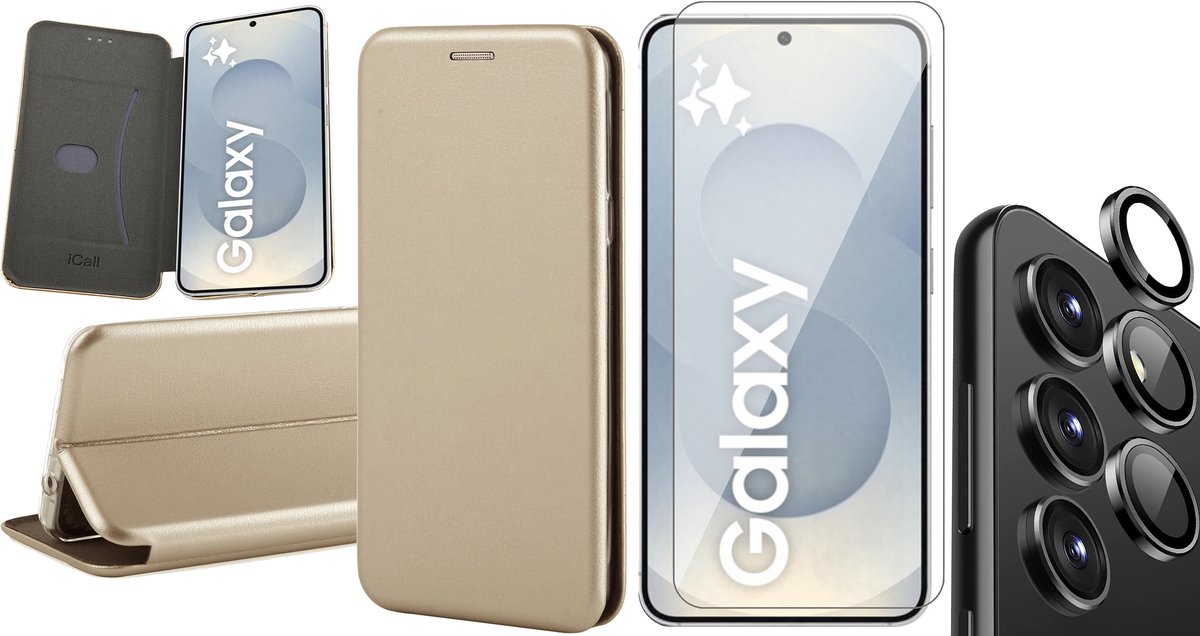Hoesje geschikt voor Samsung Galaxy S25 Plus - Screenprotector Glas & Camera - Wallet Book Case Goud