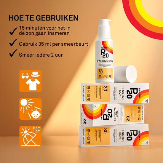 Instructies voor gebruik P20 Sensitive Skin, met fles en stapel dozen.