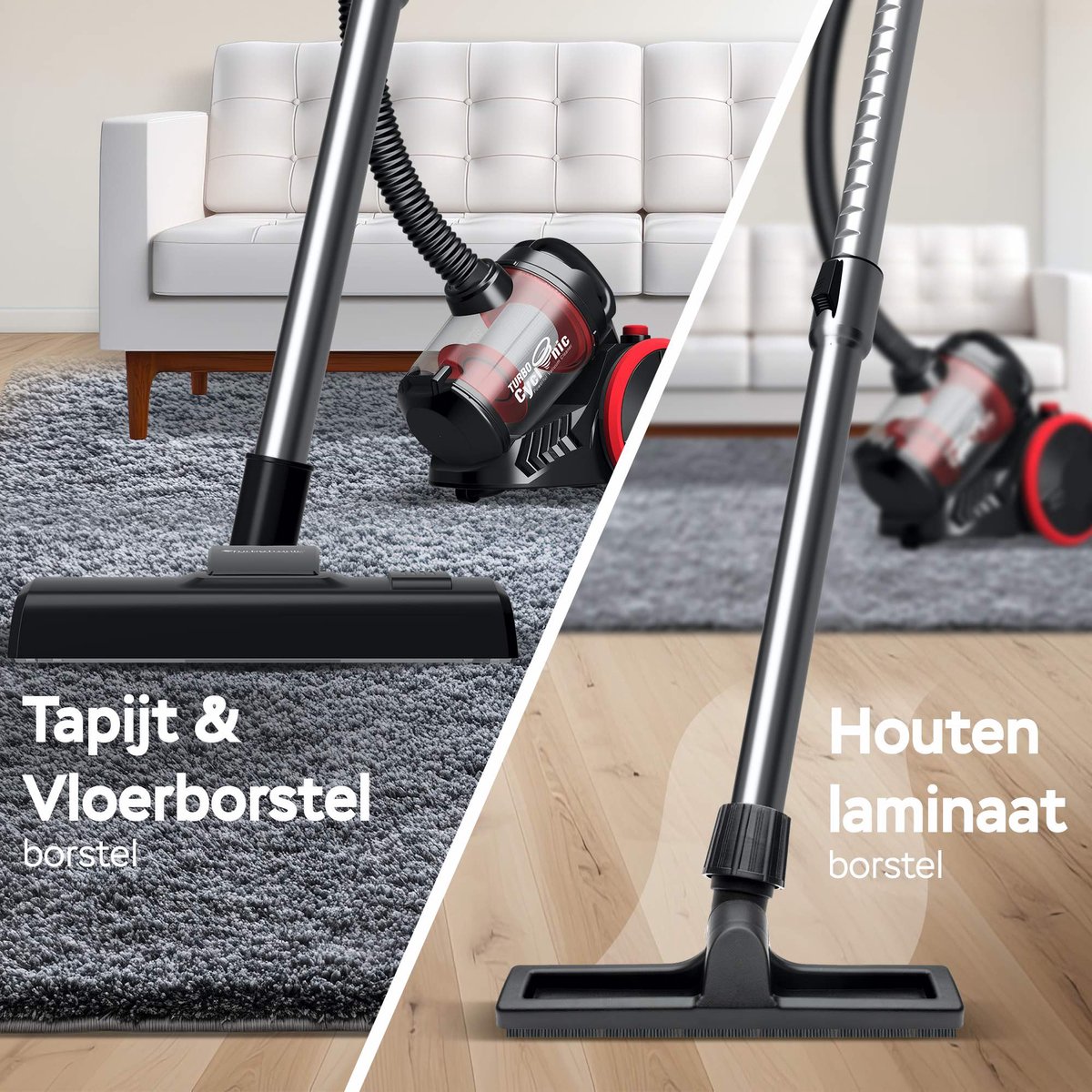 TurboTronic CV07 Stofzuiger zonder zak - Compact Design - Hoge Zuigkracht - Zakloze Stofzuiger - Zwart/Rood — afbeelding 5