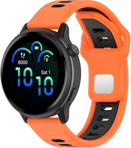 Oranje bandje met zwarte voering, om een smartwatch met een digitaal display.