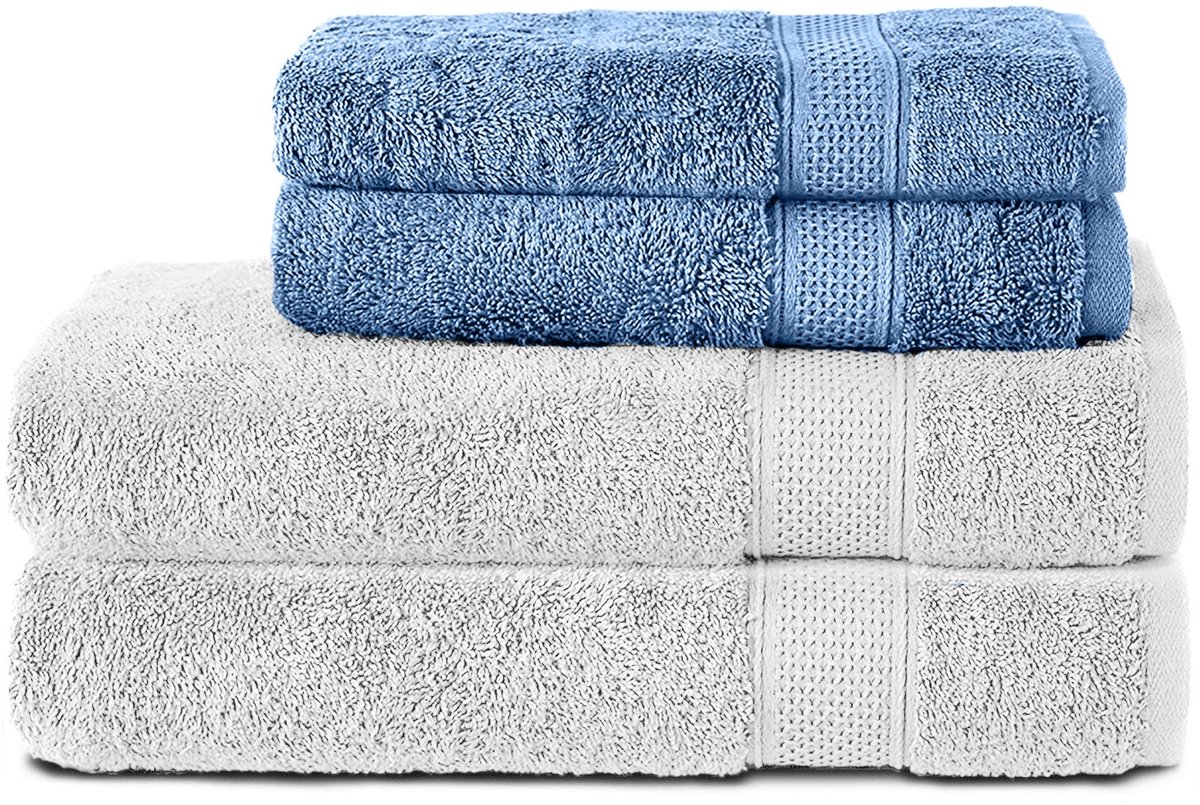 Komfortec Handdoekenset 2x handdoek 50x100 cm + 2x badhanddoek 70x140 cm - 100% Katoen - Lichtblauw&Wit