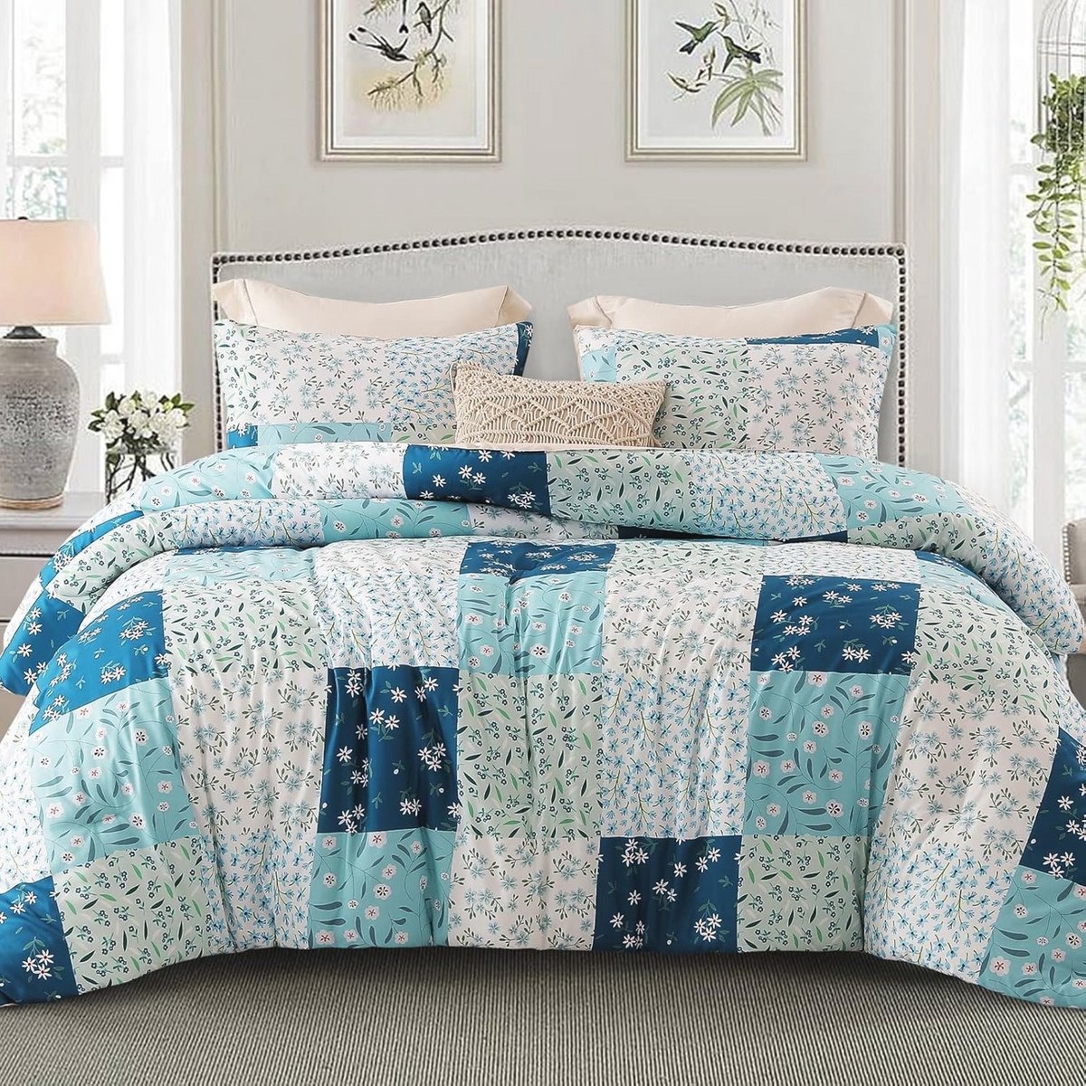 Ademende Zachte Deken 220 x 230 cm met Kussenslopen – 4-Seizoenen Slaapdeken in Blauw Geruit